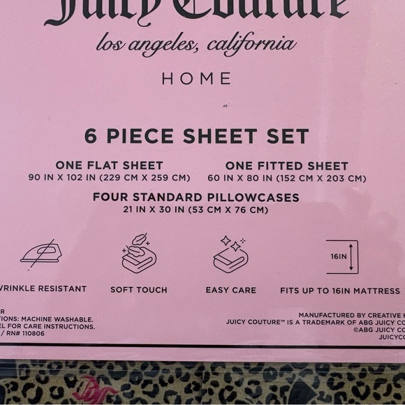 Juicy Couture Leopard Bows & Logo 6PC Queen Sheet Set - Picture 5 of 5